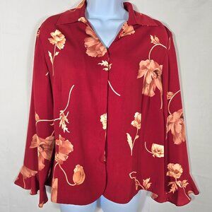 Red Floral Blouse Top Sz L Long Sleeve Ruffle Cuffs Button Down Casual Office